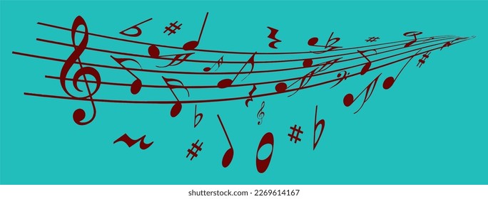 Music notes and staff stream out of a section of piano keyboard in this vector image.