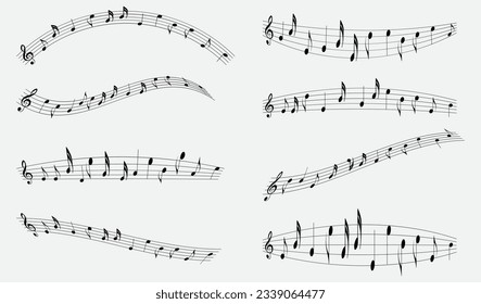 Musiknoten, vom Personal zitternde Kleinigkeiten mit Kurven einzeln auf weißem Hintergrund. Vektorgrafik eps10