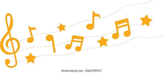 Notas musicais e estrelas. Laranja. Ilustração vetorial