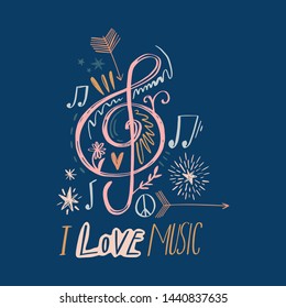 Music notes and swirl, doodle musical design concept, elements set, vector illustration.