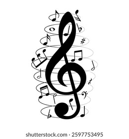 Music notes swirl, musical clef with oval lines, vector illustration.