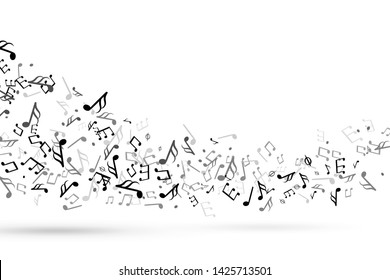 Music notes swirl. Wave with notes musical stave key harmony, symphony melody flowing music staff treble clef. Tuning swirling decoration vector background