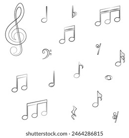 Music notes symbols, black outline icons, vector illustration.