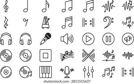Music notes symbols, clefs, metronome, headphones, microphone, speaker, vinyl, keyboard, equalizer, audio waveform.