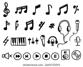Music notes symbols and element music hand drawn collection. Symbols include treble clef, rests, and more. Perfect for music education and design. Music elements.