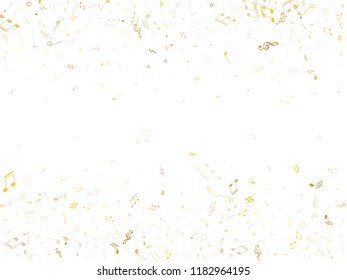 Music notes symbols flying vector background. Notation melody record classic concept. DJ instrument tune background. Gold melody sound notes signs.