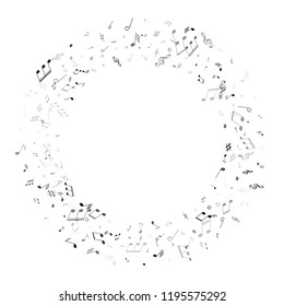 Music notes symbols flying vector illustration. Notation melody record classic elements. Rock music studio background. Black on white melody sound notes icons.