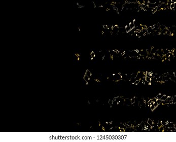 Music notes symbols flying vector background. Notation melody record classic icons. Disco music studio background. Gold musical notation.