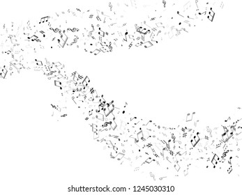 Music notes symbols flying vector design. Notation melody record classic clip art. Popular music studio background. Grayscale melody sound notes.