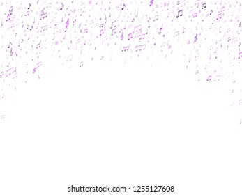 Music notes symbols flying vector illustration. Notation melody record pictograms. Pop music studio background. Purple violet melody sound notation.