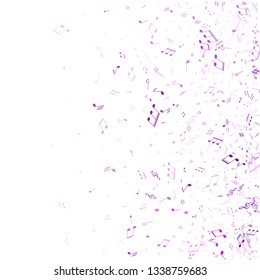 Music notes symbols flying vector design. Notation melody record classic signs. Tune radio wave background. Purple violet melody sound notes signs.