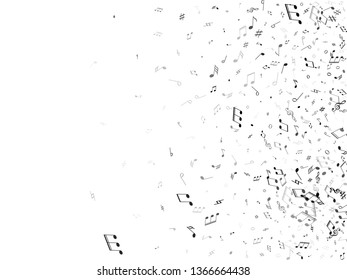 Music notes symbols flying vector design. Notation melody record classic concept. Doodle music studio background. Monochrome melody sound notes signs.