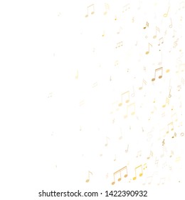 Music notes symbols flying vector design. Notation melody record classic concept. Tune radio wave background. Gold metallic musical note.