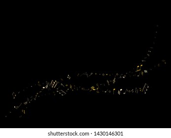 Music notes symbols flying vector illustration. Notation melody record concept. Piano instrument tune background. Gold melody sound notes signs.
