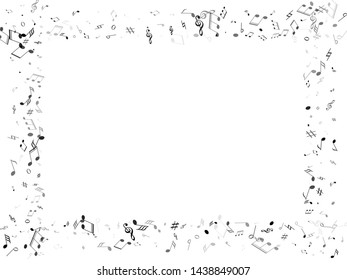 Music notes symbols flying vector illustration. Notation melody record classic elements. Song festival backdrop. Grey scale sound recording notes.