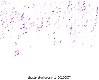 Music notes symbols flying vector design. Notation melody record signs. Abstract music studio background. Violet melody sound notes.
