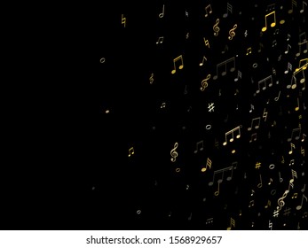 Music notes symbols flying vector background. Notation melody record pictograms. Song festival background. Gold metallic melody sound notes.