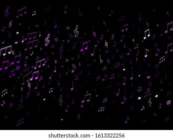 Music notes symbols flying vector background. Notation melody record concept. Musician album background. Purple violet melody sound notes icons.