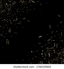 Music notes symbols flying vector background. Notation melody record icons. DJ instrument tune background. Gold musical notation.
