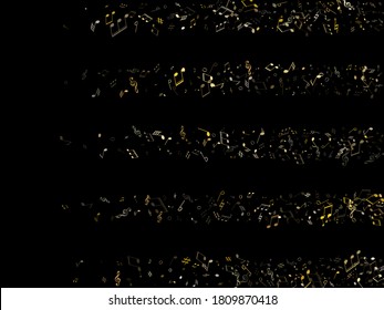 Music notes symbols flying vector illustration. Notation melody record classic concept. Abstract music studio background. Gold melody sound notes signs.