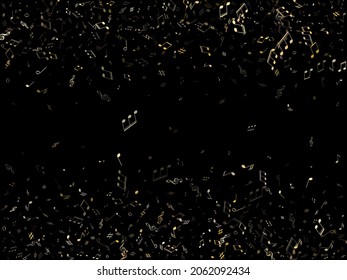Music notes symbols flying vector illustration. Notation melody record elements. Audio album background. Gold melody sound notes signs.