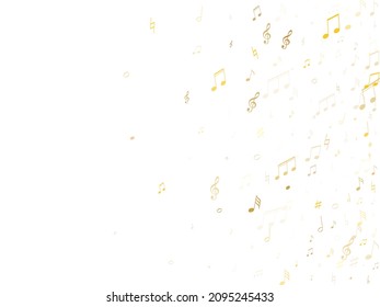 Music notes symbols flying vector design. Notation melody record elements. Tune symphony background. Gold metallic melody sound notes.