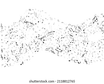 Music notes symbols flying vector design. Notation melody record silhouettes. Concert poster backdrop. Grey scale melody sound notation.