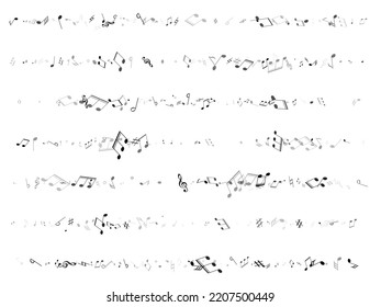 Music notes symbols flying vector illustration. Notation melody record icons. DJ instrument tune background. Greyscale melody sound notes icons.