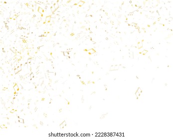 Music notes symbols flying vector background. Notation melody record concept. Popular music studio background. Gold musical notation.