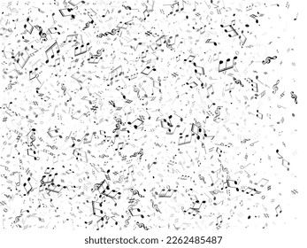 Music notes symbols flying vector background. Notation melody record classic elements. Funky music studio background. Black melody sound notation.