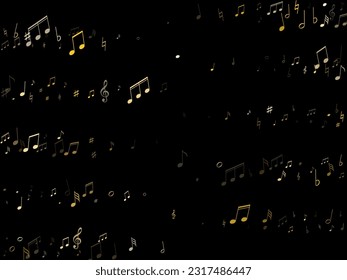 Music notes symbols flying vector background. Notation melody record classic icons. Creative music studio background. Gold metallic musical note.