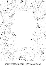 Music notes symbols flying vector background. Notation melody record icons. Funky music studio background. Monochrome musical notation.