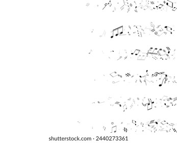 Music notes symbols flying vector background. Notation melody record classic signs. Doodle music studio background. Black melody sound notes.