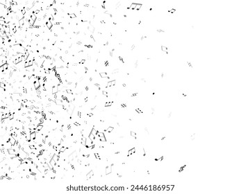 Music notes symbols flying vector background. Notation melody record classic signs. Futuristic music studio background. Monochrome melody sound notes.