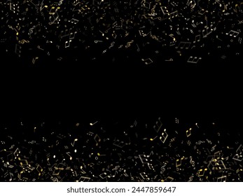 Music notes symbols flying vector illustration. Notation melody record elements. Jazz music studio background. Gold musical notation.