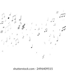 Music notes symbols flying vector background. Notation melody record classic pictograms. Disco music studio background. Monochrome melody sound notes icons.