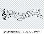Music notes, symbols on wavy stave, isolated vector illustration.