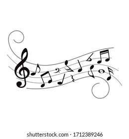 Music notes, symbols on wavy lines with curves, vector illustration.