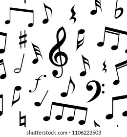 Music notes and symbols seamless pattern design. Fully editable fill and background color. Black and white musical seamless pattern.