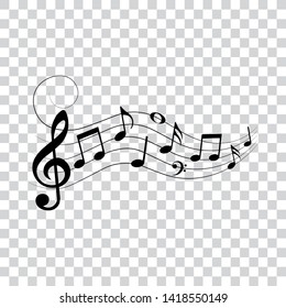 Music notes and symbols with swirl, vector illustration.