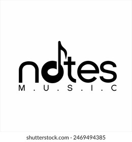 Music notes text logo design with the eighth note symbol on the letter O.