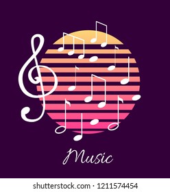 Music notes and text, notation tablature sounds, poster text vector. Composition classic graphic representation of tunes and melody, lines in circle