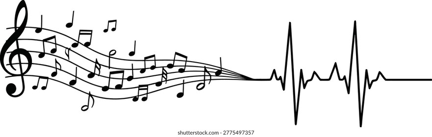 Music notes transforming into a heart rate rhythm