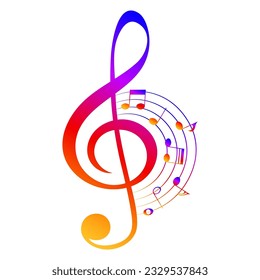 Music notes and treble clef, colorful gradient musical symbols, vector illustration.