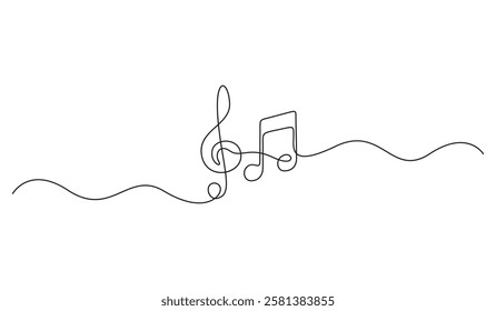 Music notes and treble clef continuous single line drawing. Hand drawn doodle sketch minimalism style. Horizontal music school banner. One black line art vector illustration