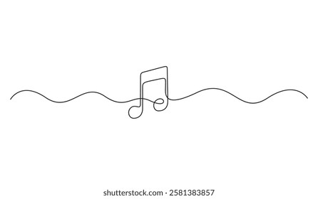Music notes and treble clef continuous single line drawing. Hand drawn doodle sketch minimalism style. Horizontal music school banner. One black line art vector illustration
