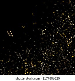 Music notes, treble clef, flat and sharp symbols flying vector design. Notation melody record classic concept. Concert poster backdrop. Gold melody sound notes signs.