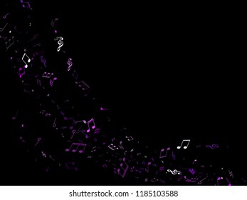 Music notes, treble clef, flat and sharp symbols flying vector design. Notation melody record concept. Piano instrument tune background. Ultra violet melody sound notation.