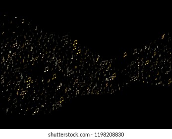 Music notes, treble clef, flat and sharp symbols flying vector background. Notation melody record classic concept. Doodle music studio background. Gold melody sound notation.