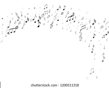 Music notes, treble clef, flat and sharp symbols flying vector background. Notation melody record clip art. Jazz music studio background. Black on white sound recording notes.